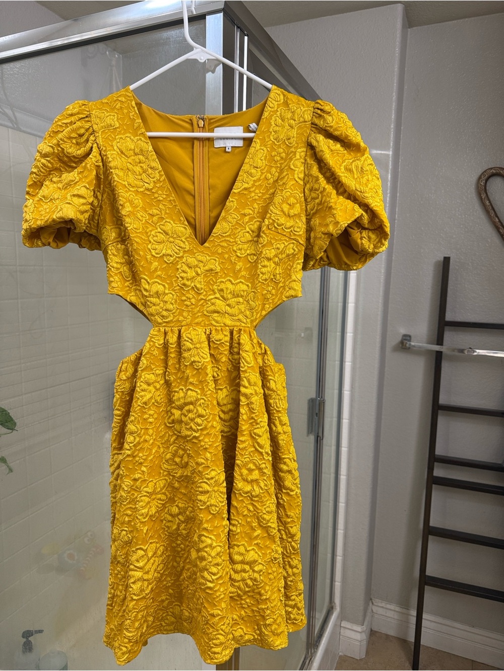 Textured V-Neck Puff-Sleeve Mini Dress in Mustard Yellow